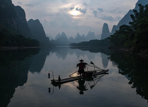 Bamboo rafts and fishermen on the Li River